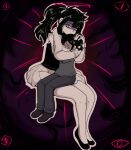  1boy 1girl andrew_graves black_hair bow breasts chair closed_eyes crying dress full_body hair_bow high_heels highres holding hug long_hair looking_at_viewer medium_breasts miniskirt mother_and_son nickben12 original ponytail renee_graves shaded_face shirt shoes sitting sitting_on_person skirt sweater the_coffin_of_andy_and_leyley thick_thighs thighs 