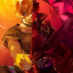  1boy beelzebub_(obey_me!) belt black_horns black_jacket closed_mouth collarbone curtain_grab curtains highres horns jacket jewelry kazanniro leather leather_jacket male_focus multiple_belts necklace obey_me!:_one_master_to_rule_them_all! purple_eyes short_sleeves solo split_theme 