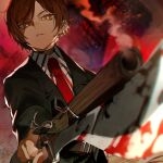 1girl blood blood_on_weapon brown_hair coat dark-skinned_female dark_skin earrings green_coat gun hamelon310 highres holding holding_weapon jewelry limbus_company long_sleeves looking_at_viewer necktie orange_eyes outis_(project_moon) project_moon red_background red_necktie shirt short_hair solo striped_clothes striped_shirt to_pathos_mathos_(e.g.o) upper_body weapon white_shirt 