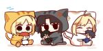  3girls ahoge anger_vein animal_costume animal_ears arcueid_brunestud artoria_pendragon_(fate) black_hair blonde_hair blush cat_costume cat_ears cat_tail chibi closed_eyes emiya_shirou fake_animal_ears fake_tail fate/stay_night fate_(series) green_eyes happy highres hug kara_no_kyoukai kokutou_mikiya multiple_girls oyankoa ryougi_shiki saber_(fate) smile stuffed_toy tail tohno_shiki tsukihime type-moon_heroines 