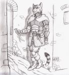  0laffson 2018 5_fingers anthro cat detailed_background feline holding_object holding_weapon male mammal sketch smile solo standing traditional_media_(artwork) weapon 