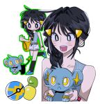  1girl 1other :&lt; alternate_costume alternate_hairstyle bag belt black_belt black_eyes black_garter_belt black_hair blue_shirt blue_shoes blush closed_mouth dawn_(pokemon) dnlsel59 facial_mark fangs garter_belt hair_ornament hairclip holding kneehighs long_hair multiple_views open_mouth poke_ball pokemon pokemon_(creature) pokemon_dppt poketch quick_ball shinx shirt shoes shorts simple_background smile socks star_(symbol) tail tank_top teeth walking watch whisker_markings white_background white_shorts wristwatch yellow_bag yellow_eyes 