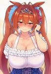  1girl ai-generated animal_ears blue_scrunchie blush bracelet breasts cleavage closed_mouth collarbone cross-laced_clothes cross-laced_skirt daiwa_scarlet_(umamusume) floating_hair frilled_sleeves frills hair_between_eyes hair_intakes hand_in_own_hair highres horse_ears horse_girl jewelry large_breasts long_hair looking_at_viewer off-shoulder_shirt off_shoulder orange_hair pink_eyes plaid_clothes plaid_skirt pleated_skirt scrunchie shirt sirakomasumosu2 skirt solo sweat tiara twintails umamusume very_long_hair wavy_mouth wrinkled_fabric 