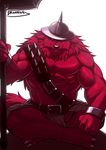  abs amber_eyes anthro armor belt biceps big_muscles black_nose bracelet canine claws clothing drks fangs fur grin hair hat jewelry loincloth looking_at_viewer male mammal muscles pecs pose red_fur red_hair sitting smile solo teeth toe_claws toned topless wolf 