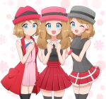  3girls :d ;d black_bow black_shirt black_thighhighs blonde_hair blue_eyes blush bow bow_earrings bracelet breasts clenched_hands closed_mouth collared_shirt commentary_request dress earrings eyelashes grey_hat grey_shirt hand_on_own_chest hat hat_bow highres jacket jewelry long_hair multiple_girls multiple_persona official_alternate_costume official_alternate_hair_length official_alternate_hairstyle one_eye_closed open_clothes open_jacket open_mouth pink_dress pink_hat pokemon pokemon_(anime) pokemon_journeys pokemon_xy_(anime) red_hat red_jacket red_skirt sakura_enma serena_(pokemon) shirt short_hair skirt sleeveless sleeveless_jacket sleeveless_shirt smile thighhighs 