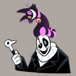 2025 batsnake_113 black_clothing clothing collar deltarune domestic_cat duo felid feline felis feral friend_(deltarune) grey_background heterochromia male mammal purple_body simple_background stick undertale_(series) w.d_gaster