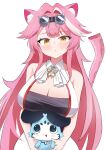 1girl :&lt; a-tamin absurdres animal_ears ascot bare_shoulders black_tube_top blue_gemstone blush breasts chattino_(raora_panthera) cleavage closed_mouth collared_shirt colored_inner_hair commentary gem goggles goggles_on_head hair_intakes highres hololive hololive_english huge_breasts jewelry long_hair looking_at_viewer multicolored_hair panther_ears panther_girl panther_tail pink_hair raora_panthera raora_panthera_(1st_costume) shirt simple_background sleeveless sleeveless_shirt strapless streaked_hair tail tube_top two-tone_hair virtual_youtuber white_ascot white_background white_shirt yellow_eyes 