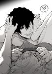  2boys anger_vein beard_stubble blue_lock bulge chuma_a_a collarbone facial_hair feet greyscale hair_between_eyes hand_on_another&#039;s_head highres looking_at_another male_focus male_underwear monochrome multiple_boys oliver_aiku sendou_shuuto short_hair smile speech_bubble spoken_anger_vein stubble toned toned_male underwear underwear_only yaoi 