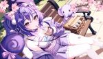  1girl :3 animal_ears bare_shoulders beret black_gloves bow breasts bubble_tea cherry_blossoms choker crop_top cup disposable_cup english_commentary fingerless_gloves frilled_choker frilled_shirt frilled_skirt frills fur_trim gloves hair_bow hat highres indie_virtual_youtuber jacket kiyochii long_hair long_sleeves looking_at_viewer medium_breasts midriff miniskirt multicolored_hair navel off_shoulder open_clothes open_jacket picnic_basket pink_bow ponytail purple_choker purple_hair purple_hat purple_jacket purple_skirt red_eyes shirt skindentation skirt sleeveless sleeveless_shirt solo squirrel_tail streaked_hair tail thighhighs virtual_youtuber white_shirt white_thighhighs zettai_ryouiki 