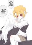  1boy 1girl between_breasts black_jacket blonde_hair blush breasts closed_eyes don_quixote_(project_moon) face_between_breasts head_between_breasts highres hug jacket jacket_on_shoulders kneehighs la_manchaland&#039;s_don_quixote_(project_moon) large_breasts limbus_company looking_at_another miniskirt pleated_skirt pmchell_04 project_moon red_eyes sancho_(project_moon) shirt sitting sitting_on_lap sitting_on_person sketch skirt slit_pupils socks strap_slip sweat unfinished white_hair white_shirt white_socks 