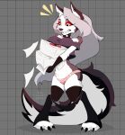 anthro big_breasts big_tail bottomwear bottomwear_around_legs bottomwear_down breasts canid canid_demon canine canis clothed clothing clothing_around_legs demon female hellhound helluva_boss hi_res litti_kitti loona_(helluva_boss) mammal mythological_canine mythological_creature mythology overwhelmed paperwork partially_clothed shocked shorts shorts_around_legs shorts_down solo tail underwear wolf