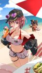  1girl baseball_cap bikini bikini_under_clothes breasts bzr2t1zlen79184 crop_top hat heterochromia highres houshou_marine houshou_marine_(summer) jacket jewelry large_breasts navel official_alternate_costume red_bikini red_hair see-through_clothes see-through_shirt shirt short_hair short_shorts shorts swimsuit thigh_strap white_shorts 