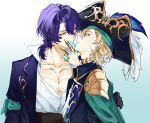  2boys aventurine_(honkai:_star_rail) black_gloves blonde_hair blue_hair closed_mouth collared_shirt dr._ratio_(honkai:_star_rail) earrings gloves hair_between_eyes hat honkai:_star_rail honkai_(series) jacket jewelry long_sleeves looking_at_another male_focus multiple_boys pectoral_cleavage pectorals pirate_hat rechu2300 red_eyes ring shirt short_hair upper_body white_background white_shirt yaoi 