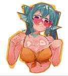  1girl aqua_hair aqua_nails artist_name bare_shoulders blush breasts finana_ryugu heart heart-shaped_eyewear highres looking_over_eyewear medium_breasts midriff navel nijisanji nijisanji_en orange_outline outline purple_eyes scales shirt shoulder_blush shrimpbimbab signature simple_background solo spaghetti_strap sunburn sunglasses tan tanlines tied_shirt twintails virtual_youtuber white_background 