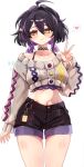  1girl absurdres ahoge airiillus black_choker black_hair black_shorts brown_sweater character_request choker closed_mouth commission cowboy_shot crop_top crop_top_overhang cropped_sweater diamond-shaped_pupils diamond_(shape) hair_between_eyes hand_up heart heterochromia highres long_hair long_sleeves looking_at_viewer midriff multicolored_hair navel original puffy_long_sleeves puffy_sleeves purple_hair purple_shirt red_eyes shirt short_shorts shorts simple_background smile solo spaghetti_strap spoken_heart streaked_hair sweater symbol-shaped_pupils thighs twintails undershirt v vgen_commission white_background yellow_eyes 