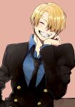  1boy black_necktie blonde_hair cigarette curly_eyebrows goma1132 hair_over_one_eye happy highres male_focus necktie one_piece playboy_bunny sanji_(one_piece) smile solo 
