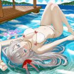 1girl ahoge alisa_mikhailovna_kujou arm_at_side arm_up artist_name bikini blue_eyes blue_sky blush bow bow_bikini breasts choppy_bangs cleavage closed_mouth cloud commentary crossed_bangs day english_commentary fingernails floating full_body grey_hair hair_between_eyes hair_bow hair_spread_out highres jewelry knees_up lake large_breasts long_bangs long_hair looking_at_viewer lying lying_on_water moss nail_polish navel necklace nose_blush outdoors pearl_necklace pier red_bow red_nails shade shadow sky smile solo stomach sunlight swimsuit takaexc tokidoki_bosotto_roshia-go_de_dereru_tonari_no_alya-san water white_bikini wooden_floor wristband 
