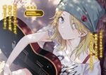  1girl beanie blonde_hair blue_eyes blue_hat character_name character_request closed_mouth commentary_request earrings eyes_visible_through_hair guitar hat highres instrument jewelry looking_at_viewer looking_to_the_side medium_hair off-shoulder_shirt off_shoulder second-party_source shirt sideways_glance solo swept_bangs tomari_(veryberry00) tomodachi_no_imouto_ga_ore_ni_dake_uzai translation_request white_shirt 
