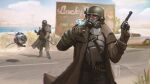  absurdres ammunition_belt anti-materiel_rifle artist_name backpack bag billboard blue_sky car city cloud cloudy_sky cup drinking_glass drinking_straw duster eyebot fallout fallout:_new_vegas gas_mask gloves gun highres mask motor_vehicle ncr_veteran_ranger new_california_republic revolver rifle road sky sniper_rifle soul_ant19 tower trigger_discipline vambraces weapon 