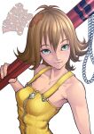  1girl armpits breasts brown_hair closed_mouth dress final_fantasy final_fantasy_viii flipped_hair green_eyes highres holding holding_nunchaku holding_weapon jewelry lips looking_at_viewer necklace nunchaku selphie_tilmitt short_hair simple_background smile solo tight_clothes weapon white_background yellow_dress zerosentakuki zipper_dress 