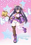 1girl animal_ear_hairband animal_ears black_hair blue_panties boots breasts cat_ear_hairband cat_ears corset emil_chronicle_online fake_animal_ears hair_ribbon hairband highres holding holding_staff large_breasts long_hair necktie open_mouth panties plump purple_boots purple_thighhighs red_eyes red_necktie red_ribbon ribbon serizawa_(knight2020) staff standing standing_on_one_leg striped_clothes striped_panties striped_thighhighs syugoma_kanade thighhighs twintails underwear 