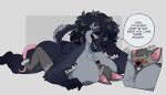 angry anthro big_breasts black_body black_fur black_tongue blush breast_smother breasts claws duo female fur hi_res huge_breasts hyena large_teeth male male/female mammal murid murine muscular muscular_anthro narita_vilores rat rodent size_difference smaller_male smothering speech_bubble spots stupidgnoll text tongue unposturedfile