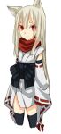  1girl adapted_costume animal_ears black_sash black_thighhighs cat_ears cat_girl closed_mouth commentary_request cowboy_shot detached_sleeves expressionless grey_hair japanese_clothes kimono long_hair looking_at_viewer meiko_(nattu303) ninja ninja_(ragnarok_online) obi ragnarok_online red_eyes sash simple_background solo thick_eyebrows thighhighs white_background white_kimono white_sleeves 