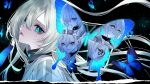  5girls aqua_eyes bug butterfly collar glasses green_eyes highres jacket key_visual long_hair looking_at_viewer multiple_girls multiple_persona multiple_views official_art promotional_art purple_eyes red_eyes sofia_(sofia_wa_uso) sofia_wa_uso_to_hikikae_ni upper_body white_hair white_jacket yellow_eyes 