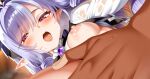  1girl ahoge black_bow black_bowtie black_ribbon blush bow bowtie breasts cropped english_commentary gem hair_intakes hair_ribbon implied_sex long_hair looking_at_viewer mixed-language_commentary mole mole_under_eye multicolored_hair nipples open_mouth paid_reward_available pink_eyes pointy_ears purple_gemstone purple_hair purple_ribbon ribbon shiny_skin shirt solo_focus steaming_body streaked_hair sweat takashia_(akimototakashia) teeth tongue upper_teeth_only vivian_banshee white_shirt zenless_zone_zero 