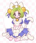  1girl ahoge animal_hat bell blue_dress blush bow bright_pupils cat_hat cat_tail chellyko dejiko di_gi_charat dress eyelashes green_eyes green_hair hat highres jingle_bell kneeling looking_at_viewer neck_bell solo tail tail_bow tail_ornament white_dress white_pupils 