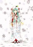  green_eyes green_hair hatsune_miku hood japanese_clothes kimono long_hair snowflakes solo uchikake vocaloid yuki_miku 