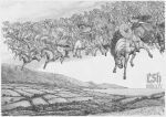  1boy 6+girls armor artist_name braid brunhilda_(mythology) christian_sloan_hall field flying graphite_(medium) greyscale helmet highres holding holding_polearm holding_weapon horse long_hair monochrome multiple_girls norse norse_mythology odin_(mythology) pelt polearm riding roman_numeral saddle shield spear traditional_media twin_braids unfinished valkyrie weapon 