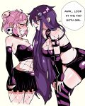  2girls absurdres alternate_costume black_thighhighs bra breasts choker clenched_teeth doki_doki_literature_club eclipxare fishnet_cutout fishnet_pantyhose fishnets goth_fashion highres horizontal-striped_thighhighs large_breasts latex_bra latex_skirt latex_sleeves long_hair looking_at_another medium_breasts midriff multiple_girls natsuki_(doki_doki_literature_club) open_mouth pantyhose pink_hair purple_bra purple_choker purple_hair purple_skirt purple_sleeves purple_thighhighs short_hair skirt teeth thighhighs two-tone_thighhighs underwear yuri yuri_(doki_doki_literature_club) 