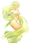  absurdly_long_hair bad_id bad_pixiv_id barbariccia bikini blonde_hair breasts final_fantasy final_fantasy_iv green_eyes highres large_breasts long_hair micro_bikini smile solo swimsuit thick_thighs thighs very_long_hair white_background wristband yabuki_haru 