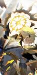  1923rash 1boy absurdres alternate_form asymmetrical_wings black_shirt black_wings blonde_hair commentary cracked_skin from_behind hair_between_eyes halo halo_behind_head highres honkai:_star_rail honkai_(series) male_focus material_growth phainon_(honkai:_star_rail) shirt short_hair solo torn_clothes torn_shirt wings yellow_blood yellow_eyes yellow_wings 