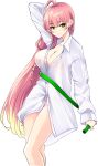  1girl ahoge blue_archive blush bottomless braid breasts cleavage collarbone green_eyes groin hanako_(blue_archive) hanako_(swimsuit)_(blue_archive) highres holding holding_hose hose large_breasts long_hair long_sleeves looking_at_viewer official_alternate_costume oversized_clothes oversized_shirt partially_unbuttoned pink_hair riochan see-through_clothes see-through_shirt shirt smile solo thighs very_long_hair white_shirt 