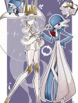  alternate_color blue_hair blue_skin blush bob_cut closed_eyes colored_skin dress gardevoir hand_on_own_hip highres inb795 multicolored_skin orange_eyes personality_switch pheromosa pokemon pokemon_(creature) purple_background shiny_pokemon smile two-tone_skin white_dress white_skin 