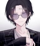  1boy black_hair black_shirt chain chain_necklace closed_mouth collarbone commentary_request commission ear_piercing earrings fang glass hand_up highres jewelry kumo_tabetai long_sleeves looking_at_viewer medium_hair necklace open_clothes open_shirt original piercing round_eyewear shirt simple_background single_earring skin_fang smile solo twitter_username watermark white_background 