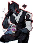  1boy android armor avengers_(series) dotori_012 glowing glowing_eyes humanoid_robot jeff_the_land_shark male_focus marvel open_mouth red_eyes robot simple_background suit ultron 