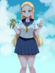  1girl :3 alternate_costume animal blonde_hair blue_sailor_collar blue_skirt blue_sky braid breasts closed_mouth commentary_request contemporary crown_braid feet_out_of_frame green_eyes highres holding holding_animal holding_frog long_hair looking_at_viewer medium_breasts neckerchief pleated_skirt pointy_ears princess_zelda sailor_collar school_uniform serafuku shirt skirt sky smile solo the_legend_of_zelda the_legend_of_zelda:_breath_of_the_wild v wasabi_(legemd) white_shirt yellow_neckerchief 