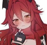  1girl black_gloves black_horns blush breasts cleavage closed_mouth commentary_request embarrassed fingerless_gloves gloves goddess_of_victory:_nikke hair_between_eyes hair_intakes hand_up horns jacket kumo_tabetai large_breasts long_hair looking_at_viewer open_clothes open_jacket red_hair red_hood_(nikke) red_jacket red_scarf scarf simple_background solo white_background yellow_eyes 