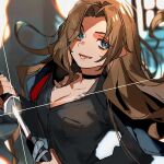  1girl black_choker black_shirt blue_eyes breasts brown_hair chest_tattoo choker cleavage collared_shirt hamelon310 highres irezumi katana kurokumo_clan_(identity)_(project_moon) limbus_company long_hair long_sleeves looking_at_viewer mole mole_under_eye open_mouth parted_bangs project_moon rodion_(project_moon) sheath shirt simple_background solo sword tattoo unsheathing upper_body weapon 