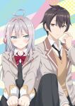  1boy 1girl absurdres ahoge alisa_mikhailovna_kujou announcement black_eyes black_hair black_pants black_skirt blazer blue_eyes blush bow bowtie breasts brown_necktie brown_sweater_vest clenched_hands closed_mouth collared_shirt crossed_bangs double-parted_bangs embarrassed eye_contact furrowed_brow grey_hair grey_jacket hair_between_eyes hair_ribbon hand_up highres jacket kuze_masachika lapels long_hair looking_at_another looking_to_the_side necktie notched_lapels official_art open_clothes open_jacket pants red_bow red_bowtie red_ribbon ribbon school_uniform seiren_academy_school_uniform shirt short_hair sideways_glance sitting skirt sweater_vest tokidoki_bosotto_roshia-go_de_dereru_tonari_no_alya-san wavy_mouth white_shirt wing_collar 