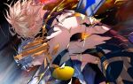  2boys alternate_form aqua_eyes back-to-back black_shirt blonde_hair closed_mouth cracked_skin dual_persona grey_hair highres honkai:_star_rail honkai_(series) male_focus multiple_boys parted_lips phainon_(honkai:_star_rail) renjian85537597 shirt short_hair stab sword torn_clothes upper_body weapon wind yellow_eyes 
