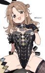  1girl :d animal_ears back_ribbon black_gloves black_leotard black_ribbon blush breasts brown_eyes brown_hair cleavage detached_collar fake_animal_ears fishnet_pantyhose fishnets gloves hand_up highres idolmaster idolmaster_shiny_colors idolmaster_shiny_colors_song_for_prism large_breasts leotard long_hair looking_at_viewer official_alternate_costume open_mouth pantyhose rabbit_ears ribbon shisoneri simple_background single_leg_pantyhose sitting smile solo twitter_username white_background 