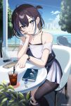  1girl ahoge belt black_hair black_nails blue_hair book bracelet buckle cellphone chair character_name cityscape clothes_down commentary_request copyright_notice cup double-parted_bangs drink drinking_straw earrings english_commentary fingernails glasses grey_eyes hair_ribbon half_updo hand_on_own_face highres indie_virtual_youtuber jewelry light_blush looking_at_viewer mole mole_under_eye multicolored_hair necklace official_art on_chair open_mouth outdoors phone ribbon second-party_source short_hair single_sock single_thighhigh sitting smartphone smile socks solo spaghetti_strap streaked_hair suspenders thighhighs tokiti tree virtual_youtuber yubari_rei 