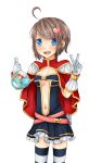  1girl ahoge belt black_thighhighs blue_eyes blush breasts brown_hair cape cleavage commentary_request cowboy_shot creator_(ragnarok_online) dress flask frilled_dress frills gloves hair_ornament heart heart_hair_ornament highres looking_at_viewer medium_breasts meiko_(nattu303) navel open_mouth pink_belt plunging_neckline potion ragnarok_online red_cape short_dress short_hair simple_background smile solo strapless strapless_dress striped_clothes striped_thighhighs thighhighs white_background white_gloves white_thighhighs 
