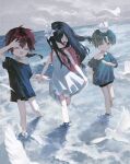  3girls :d ^_^ absurdres animal animal_on_head arm_up bare_arms bare_shoulders bird black_hair black_shirt black_shorts blue_shirt braid brown_hair closed_eyes commentary_request doubutsunoujyou dress floating_hair flower grey_eyes hair_between_eyes hair_flower hair_ornament highres long_hair multiple_girls off_shoulder on_head original rabbit shirt short_shorts short_sleeves shorts single_braid smile very_long_hair wading water white_dress white_flower 