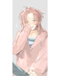  1girl blush crying crying_with_eyes_open green_eyes grey_background long_sleeves open_mouth original parted_bangs pink_hair pink_sweater qyzhiaiyisheng shirt solo sparkle striped_clothes sweater tears 