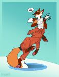 2025 alternate_species brown_ear_tips brown_hair canid canid_taur canine canine_taur chell clothed clothing countershading dipstick_ears ear_markings fox fox_taur fully_clothed furrification hair hi_res jumping male mammal mammal_taur multicolored_ears nika_vizard orange_body portal portal_(series) portal_gun shirt simple_background solo taur topwear valve white_body white_clothing white_countershading white_shirt white_topwear